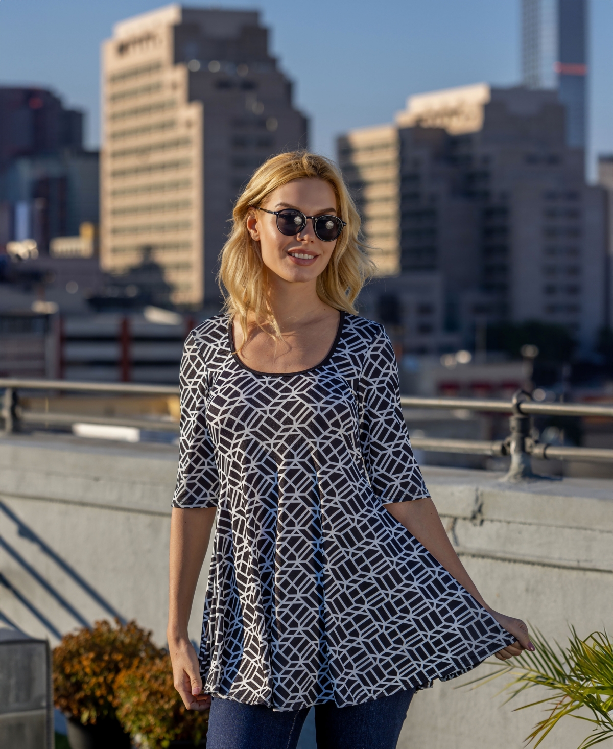 24SEVEN COMFORT APPAREL PRINT ELBOW SLEEVE CASUAL TUNIC TOP 