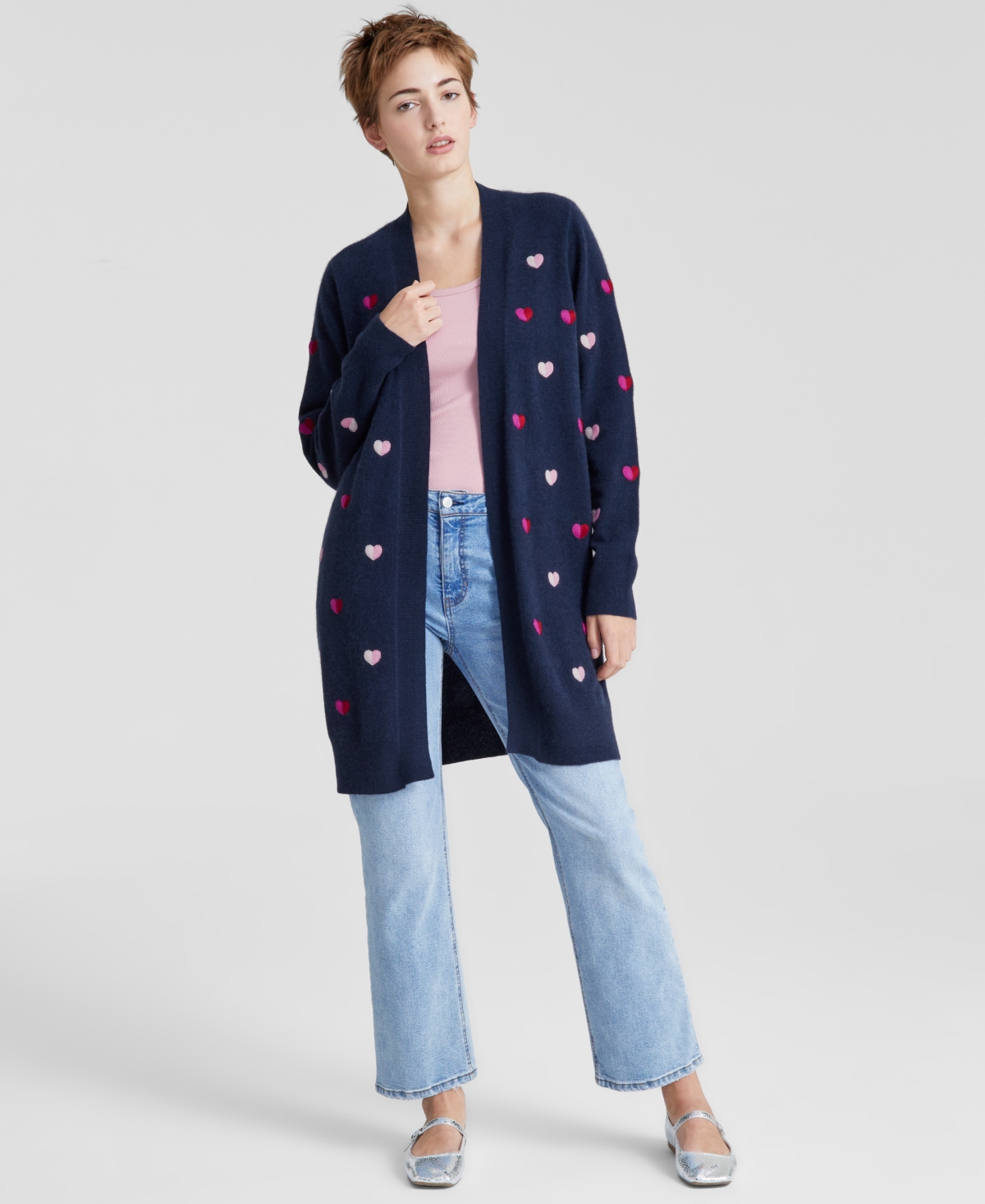 Charter Club Women's Petite Cashmere Heart-embroidered Long Open Cardigan, Created For Macy's In Admiral Navy Combo