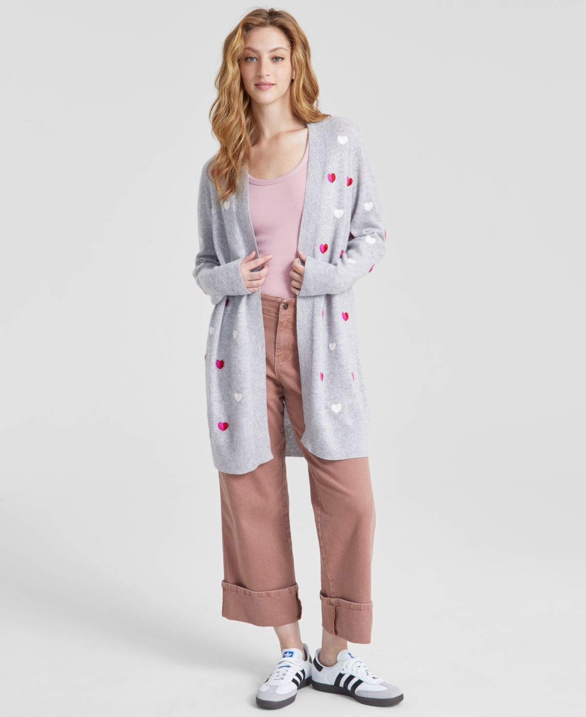 Charter Club Women's Petite Cashmere Heart-embroidered Long Open Cardigan, Created For Macy's In Ice Grey Heather Combo