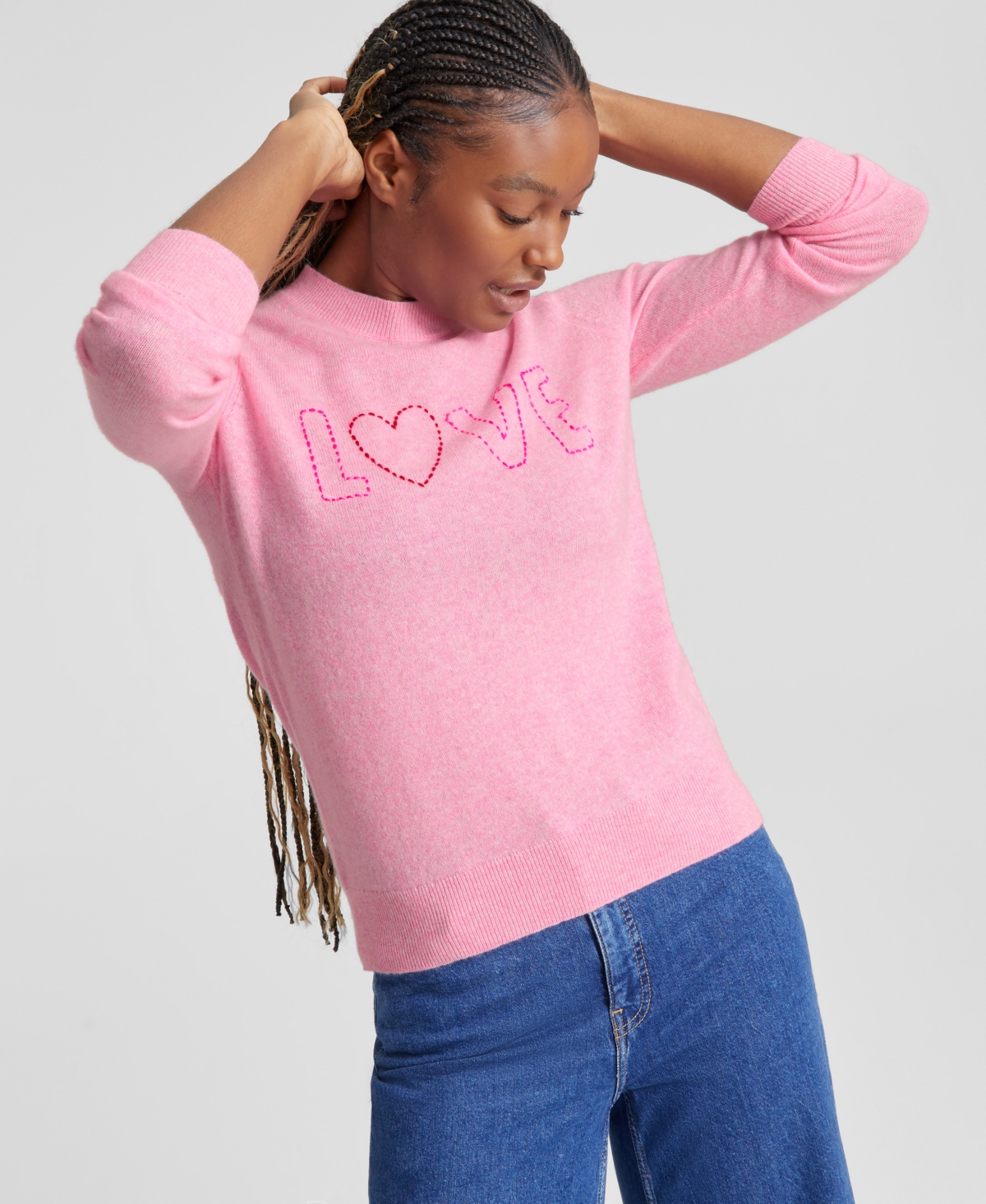 Charter Club Women s Cashmere Love Embroidered Crewneck Sweater Regular Petite Created For Macy s In Bubblegum Pink Combo ModeSens