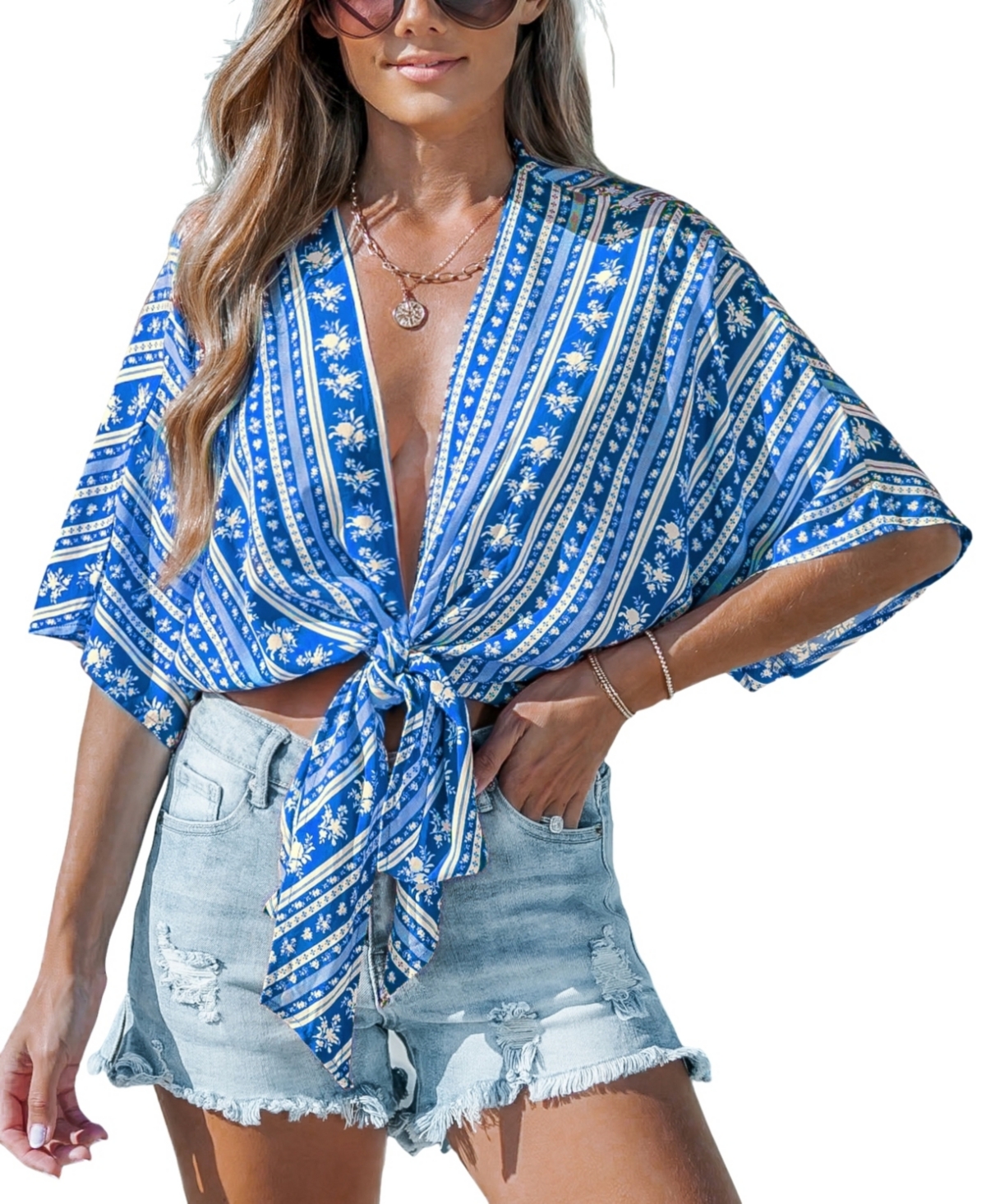 Women's Red Open Front Tie-Waist Boho Cover-Up Top - Blue