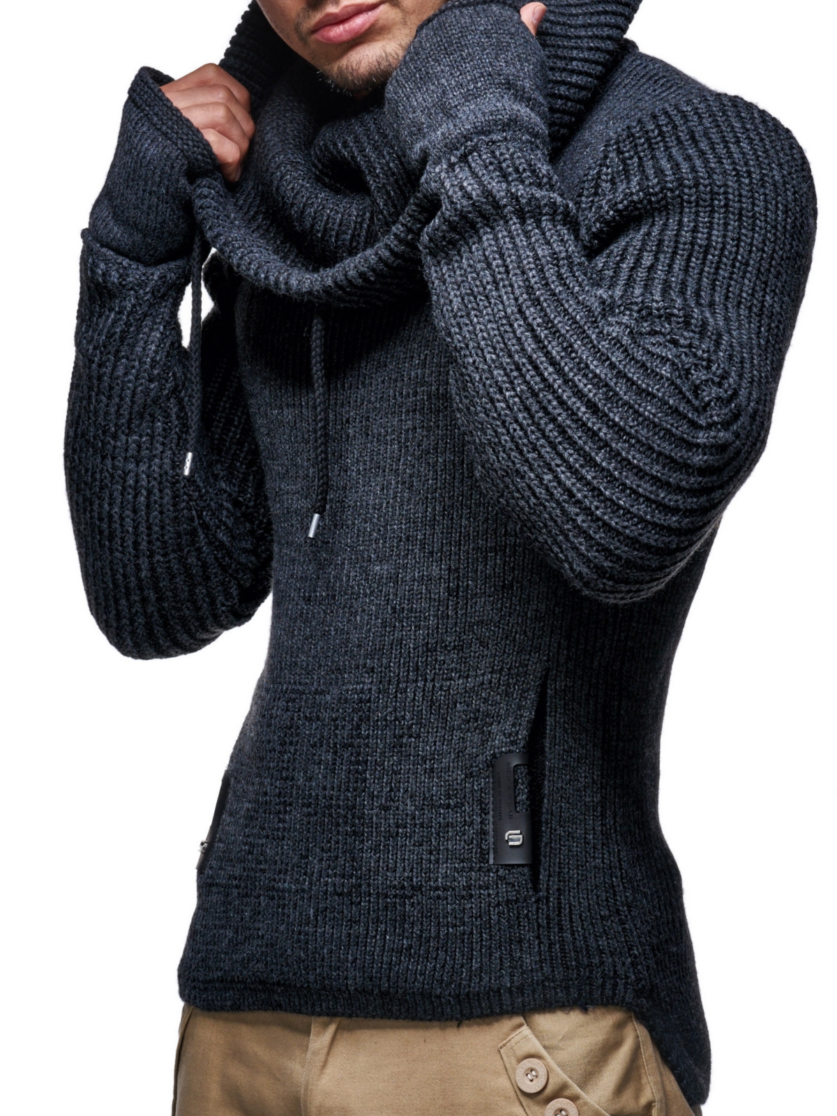 Men's Cowl Neck Knitted Pullover with Thumbhole Cuffs - Anthracite