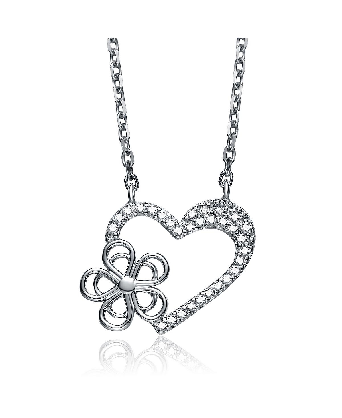 Sterling Silver Cubic Zirconia Heart Shape With Flower Paved Pendant - Silver