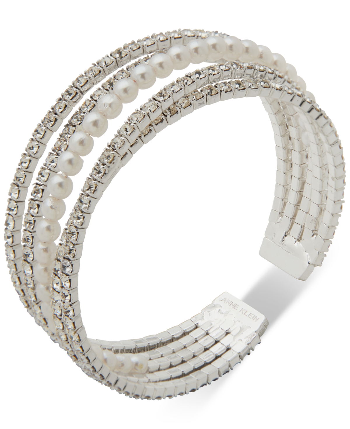 Anne Klein Silver-tone Crystal & Imitation Pearl Bangle Bracelet In Metallic