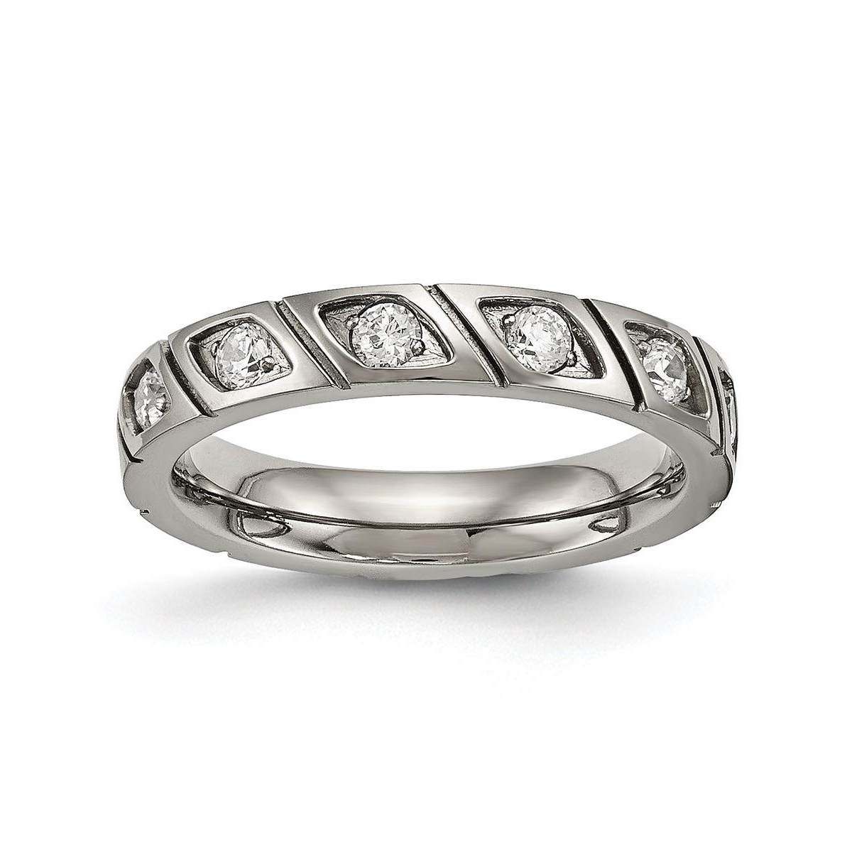 Titanium Polished with Cz Grooved Wedding Band Ring - White