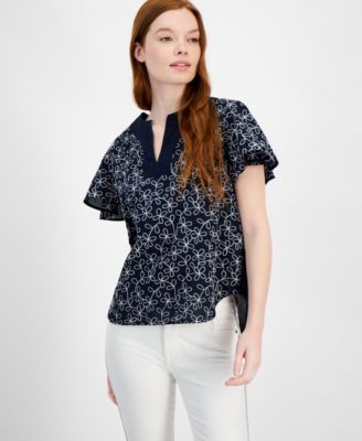 Tommy Hilfiger - Women's Embroidered Cotton Flutter-Sleeve Top