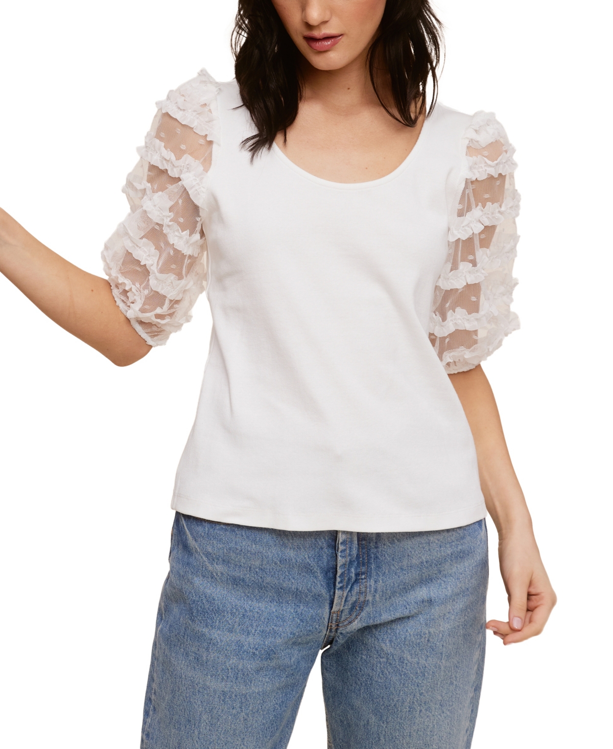 Ribbed Knit Top With Ruffle Mesh Puff Sleeve - BRIGHT WHITE
