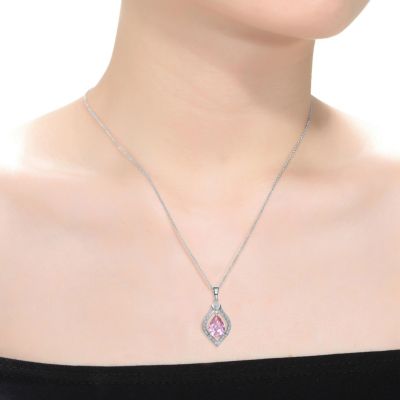 Sterling Silver White Gold Plated with Pink Teardrop and White Cubic Zirconia Pendant