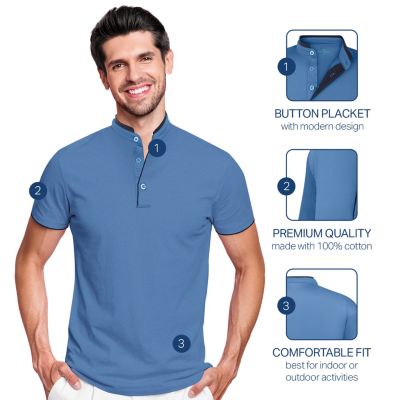 Men's Short Sleeve Henley Polo Shirt with Contrast-Trim