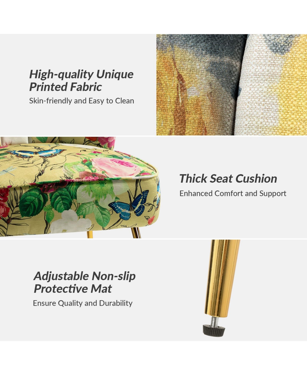 Hulala Home Tufted Floral Fabric Accent Chair with Gold Metal Legs for Living Room
