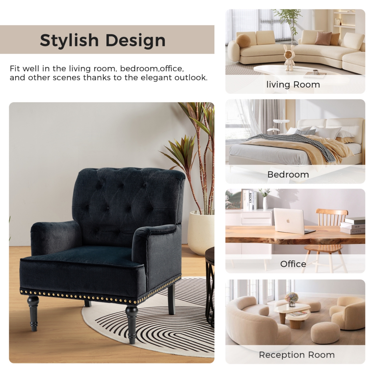 Velvet Tufted Upholstered Armchair with Nailhead Trim