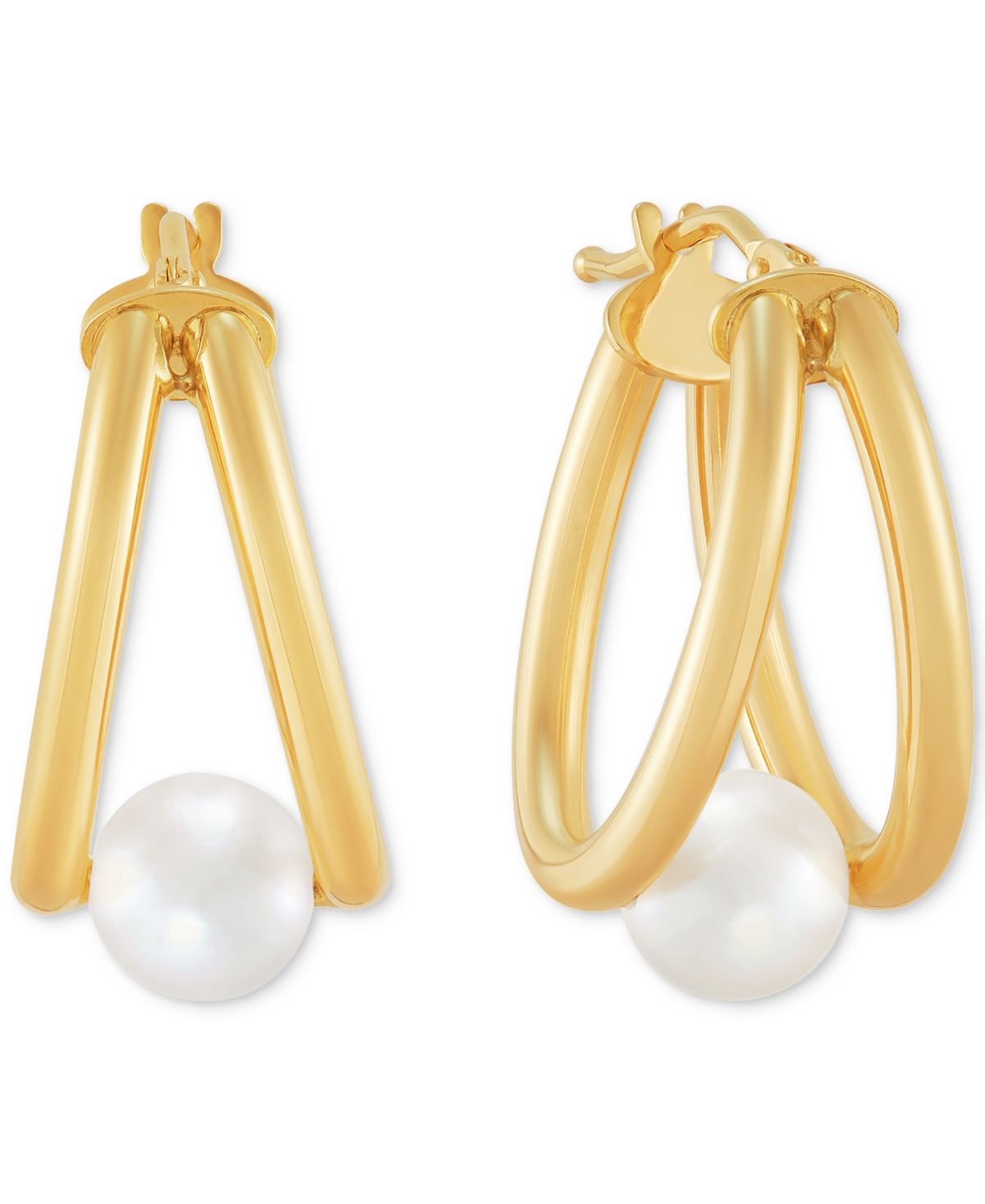Cultured Freshwater Pearl (6mm) Double Small Hoop Earrings in 14k Gold, 1" - Gold
