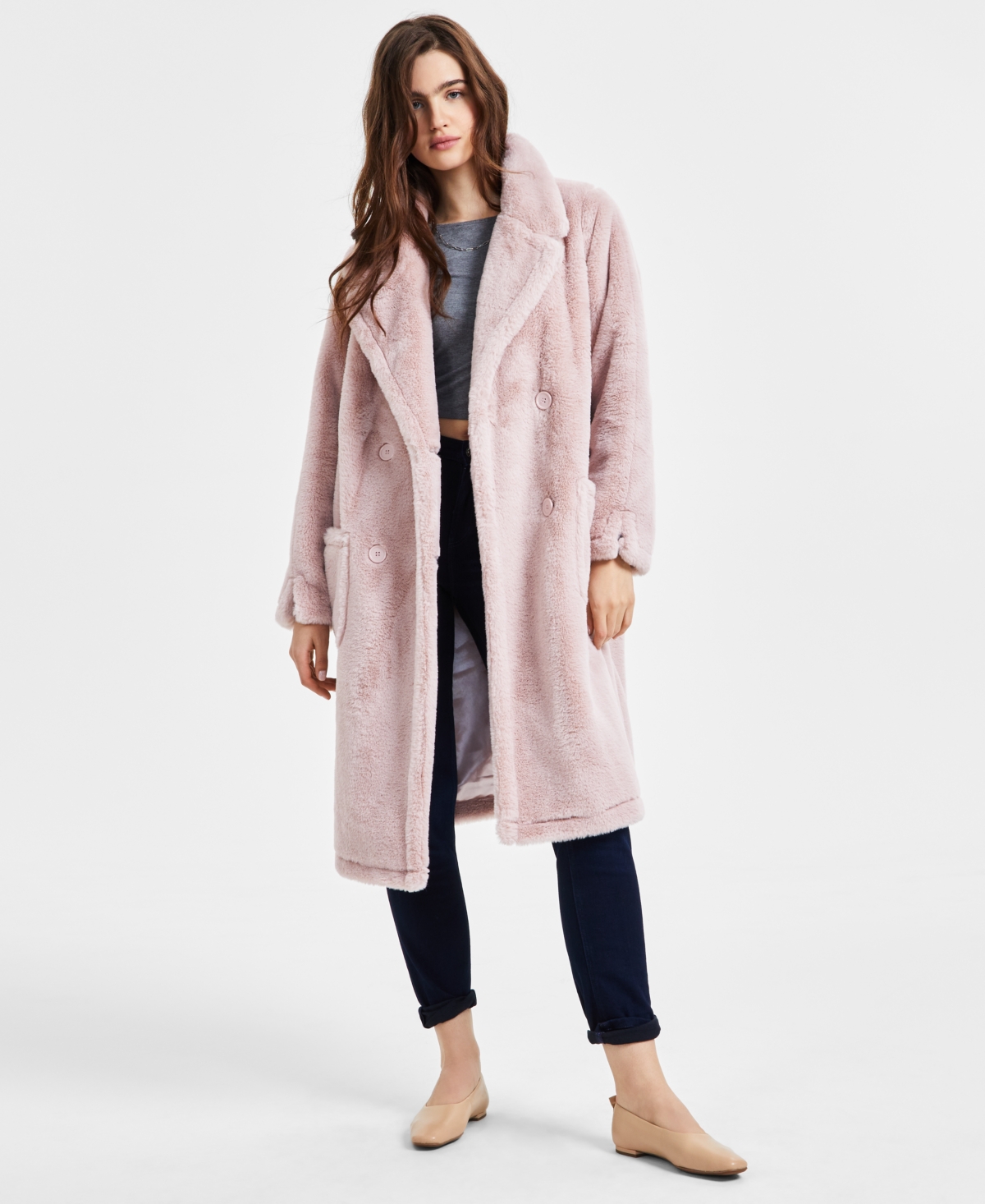 Jou Jou Juniors' Faux-fur Double-breasted Coat, Created For Macy's In Light Pink