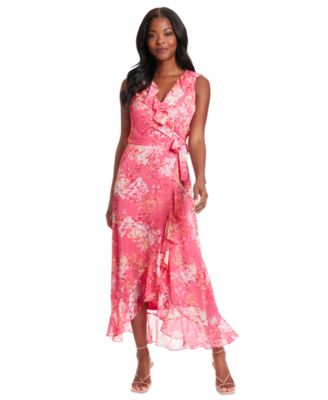 London Times - Petite Printed Side-Tie Faux-Wrap Ruffle Dress