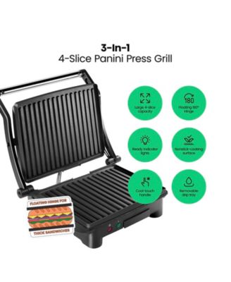 Electric Panini Press & Grill w/ Non Stick Plates, Opens Flat