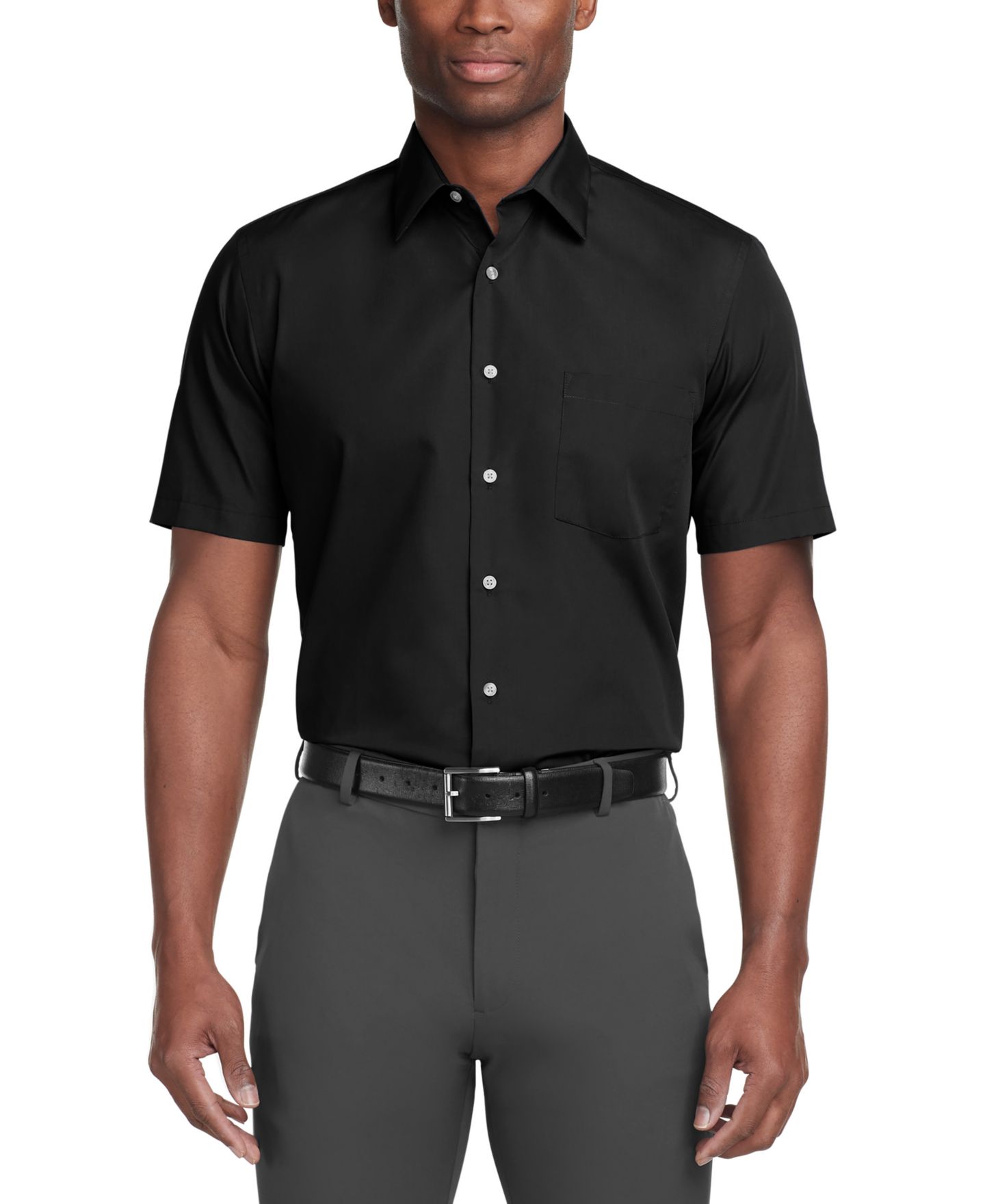 Мужская рубашка Van Heusen Regular Fit Poplin Short Sleeve Dress Shirt, цвет: Чёрный — фото 1