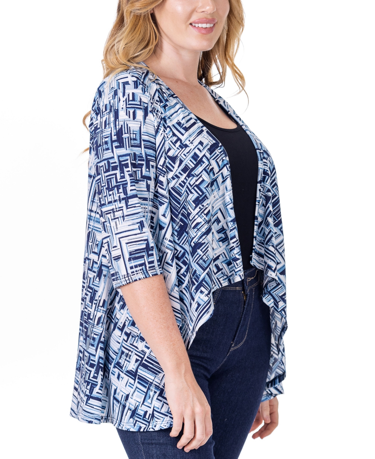 24SEVEN COMFORT APPAREL PRINT ELBOW LENGTH SLEEVE OPEN CARDIGAN 