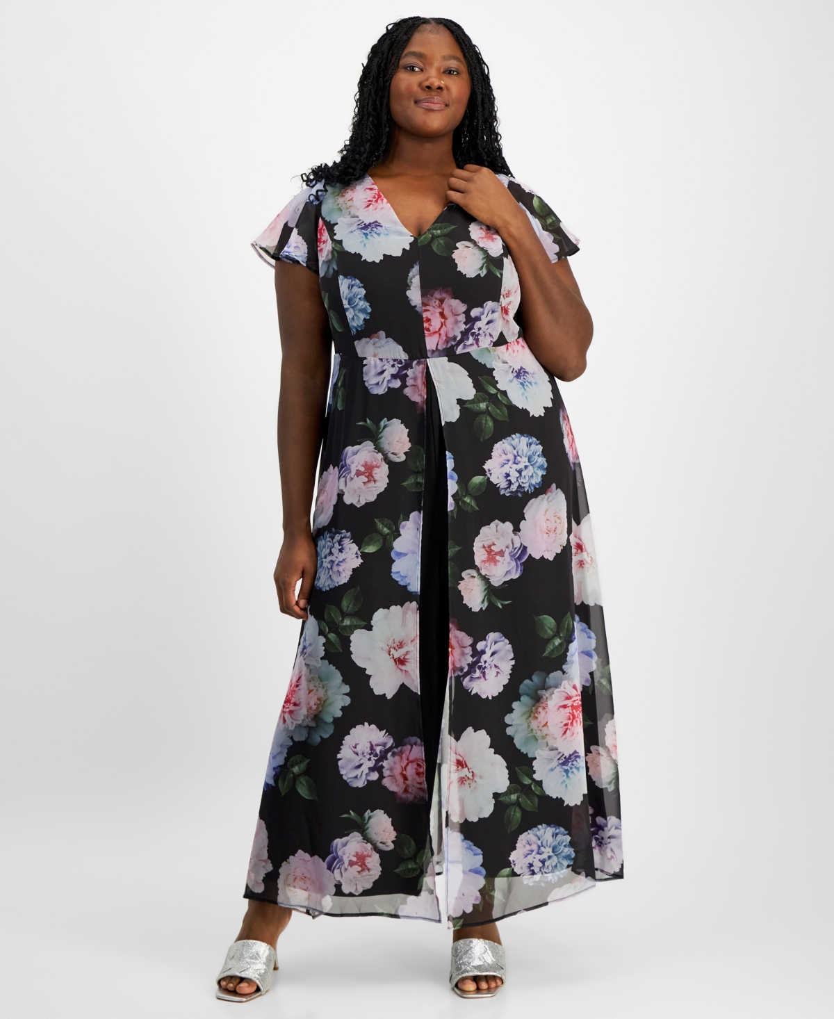 Plus Size Floral-Chiffon Flutter-Sleeve Jumpsuit - Black / Multi