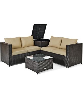 4 Pieces Outdoor Patio Rattan Furniture Set with Loveseat and Storage Box