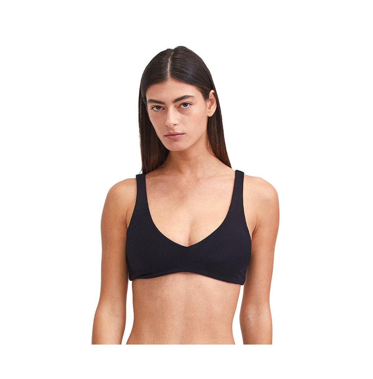 Women's Solid Textured V neck Bikini swim top - Black