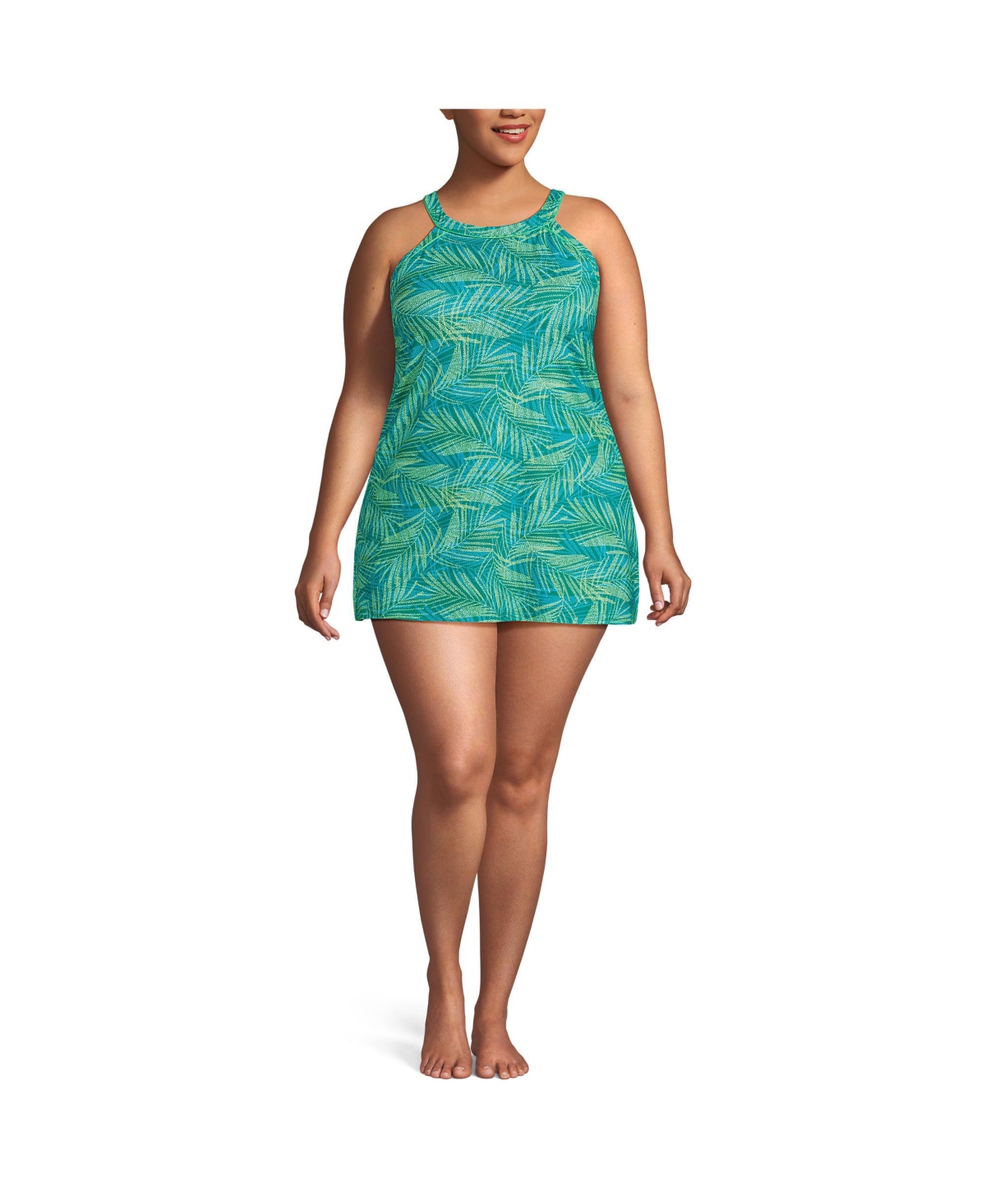 Plus Size Chlorine Resistant High Neck Swim Dress One Piece Swimsuit - Island emerald stipple palm