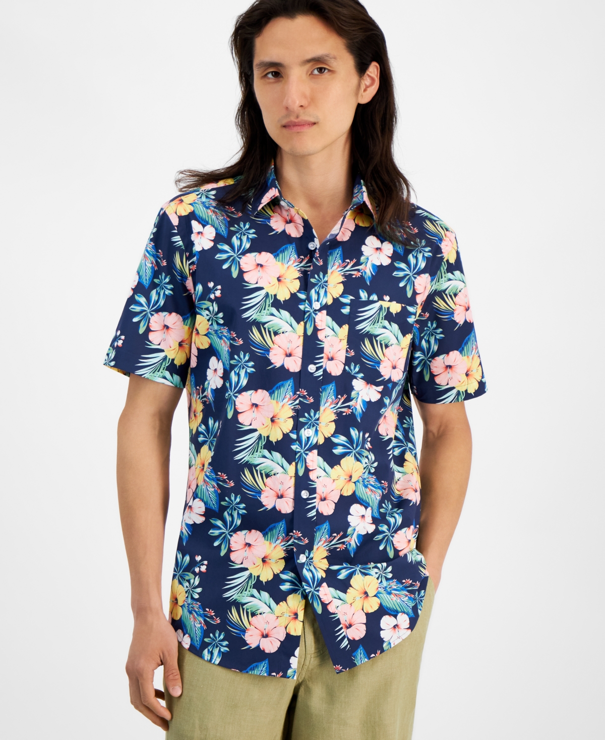 Men's Summer Garden Regular-Fit Stretch Floral Button-Down Shirt, Created for Macy's - Navy Blue