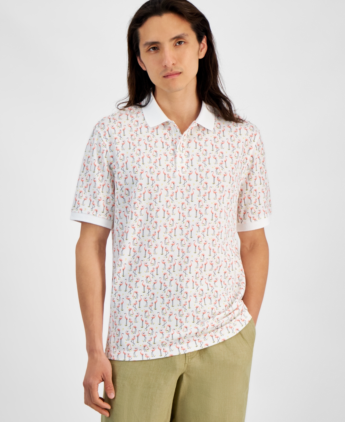 Men's Flamingo State Regular-Fit Printed Performance Pique Polo Shirt, Created for Macy's - Bright White