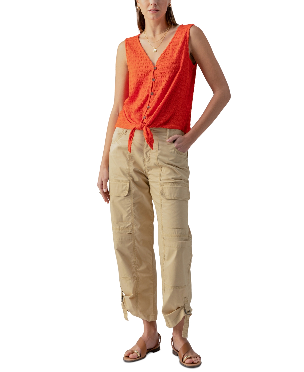 Shop Sanctuary Women's Link Up Textured Button-front Tie-hem Top In Spicy Orange