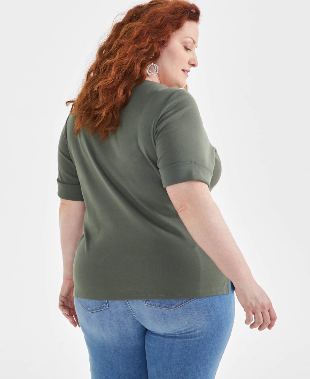 Style & Co Plus Size Boat-neck Elbow Sleeve Cotton Top, Exclusively At Macy's In Green