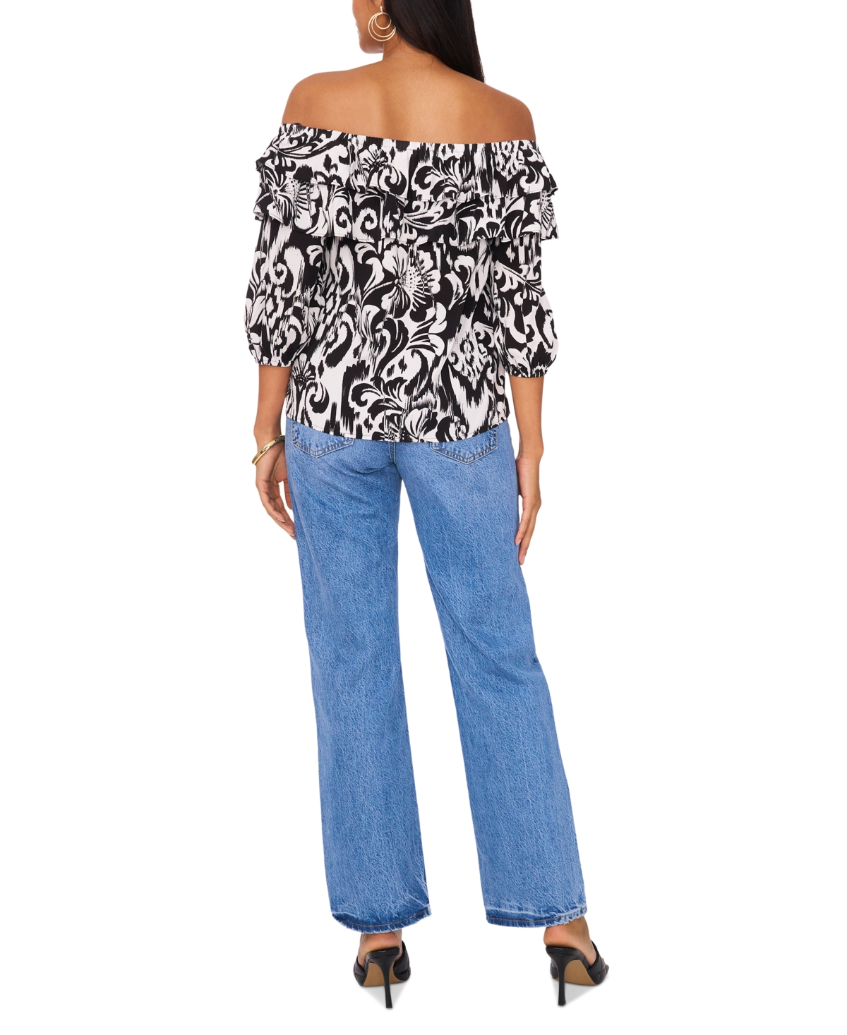 Sam & Jess Women's Printed Tiered-Ruffle Off-The-Shoulder Top - Black  White