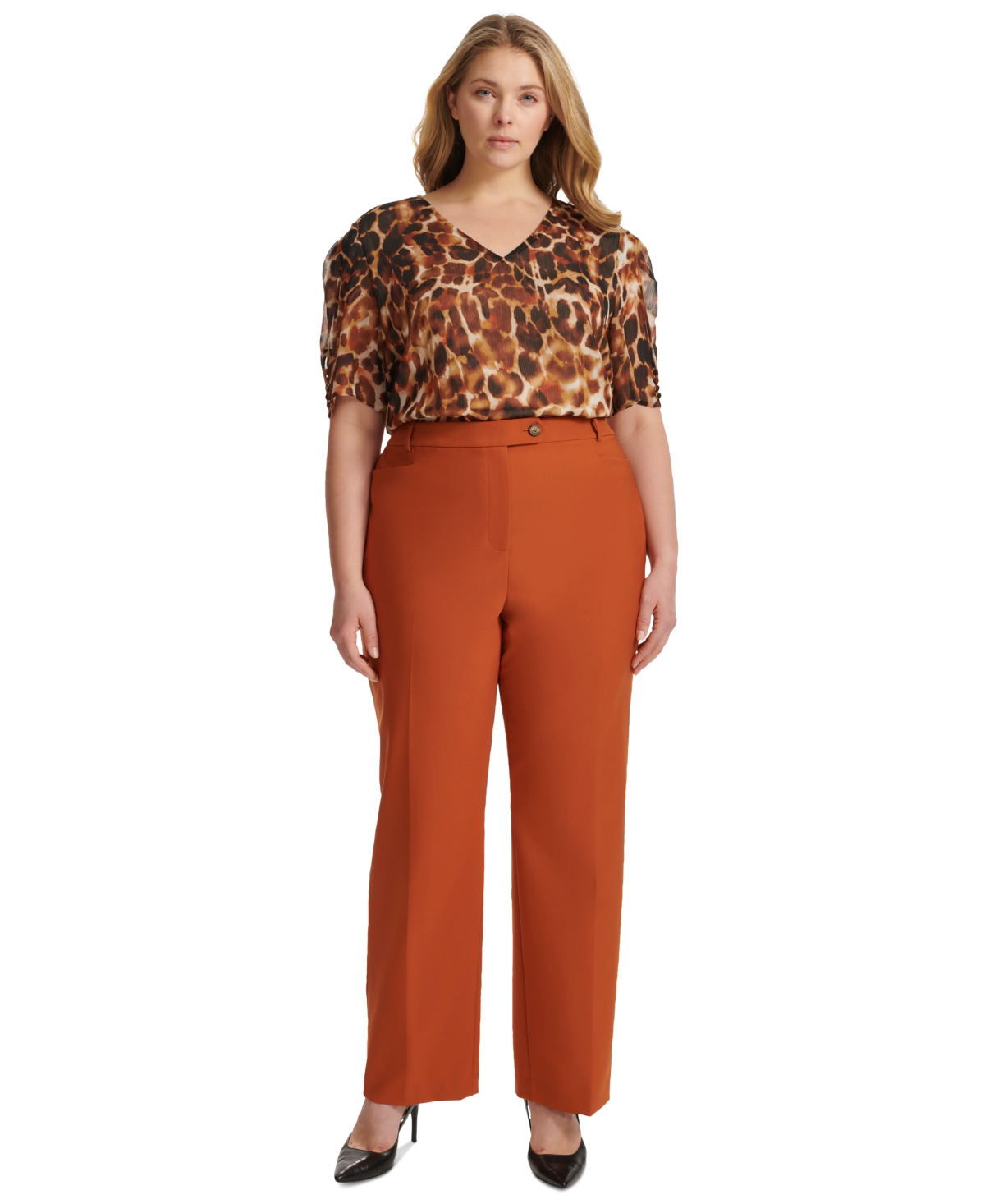 Shop Calvin Klein Plus Size High Rise Straight Leg Pants In Tera