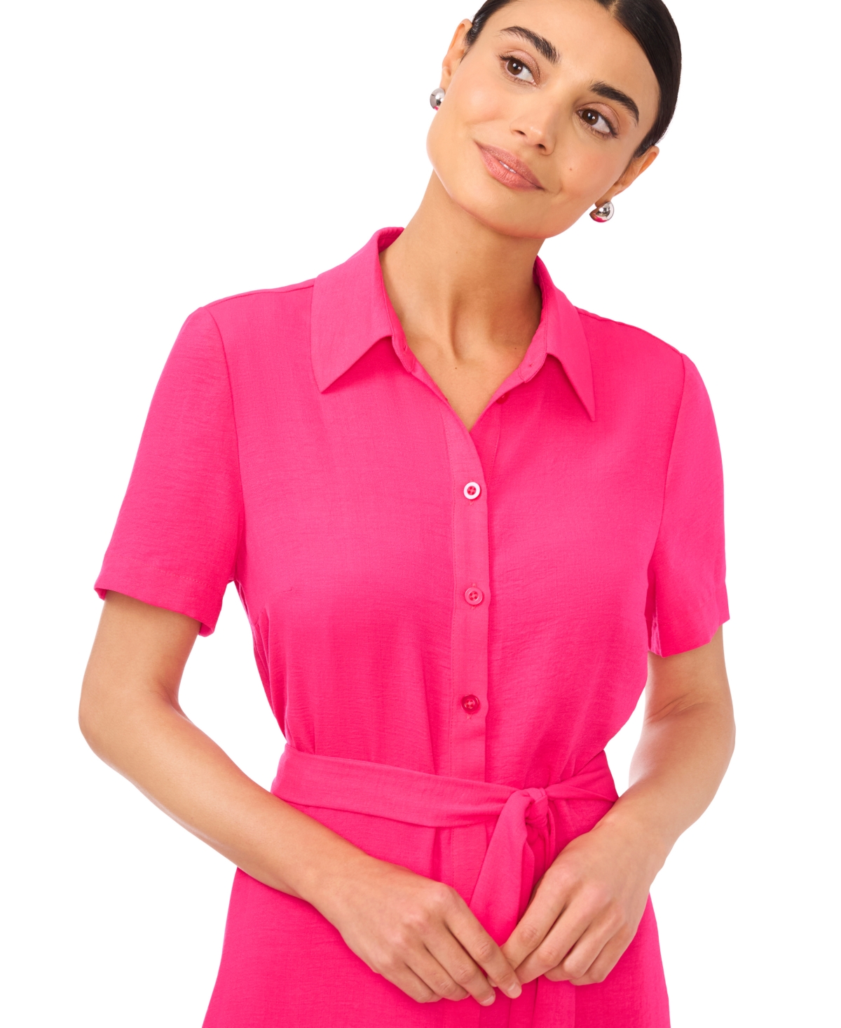 CeCe Women's Short-Sleeve Belted Midi Shirtdress