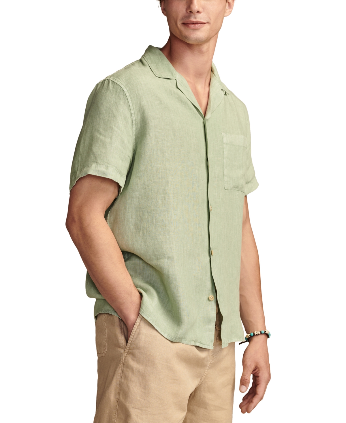 Shop Lucky Brand Men's Linen Camp Collar Short Sleeve Shirt In Green Bay