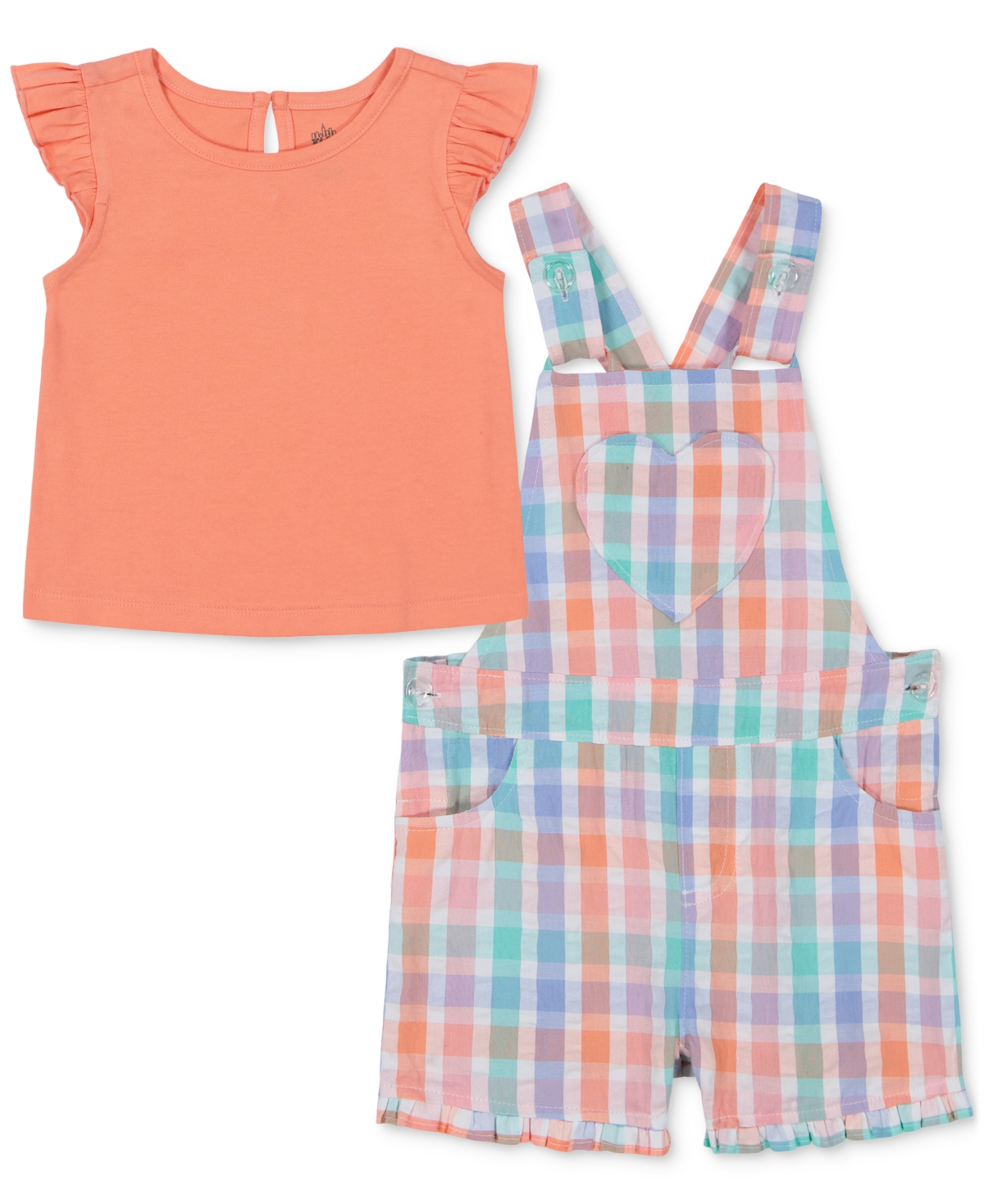 Kids Headquarters Baby Girls Flutter-Sleeve T-Shirt & Seersucker Plaid Shortall, 2 Piece Set