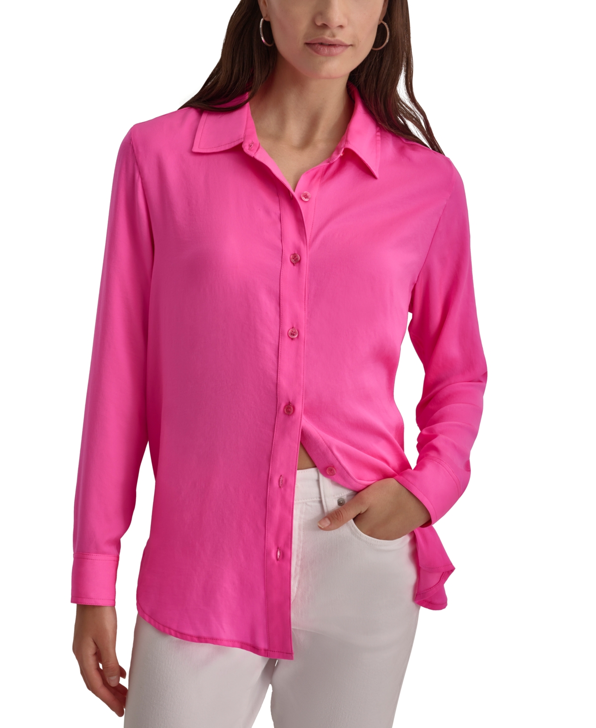 Women's Collared Long-Sleeve Blouse - Shocking Pink