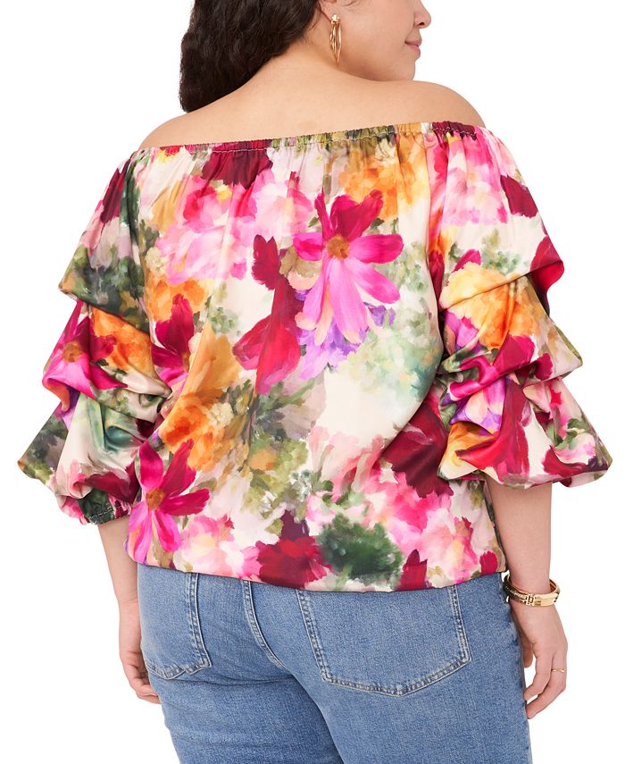 Vince Camuto Womens Snake Print Off the Shoulder Bubble Sleeve Blouse Blue Size 1X main image 1