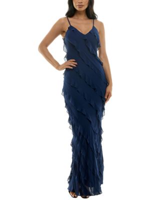 B Darlin - Juniors' V-Neck Ruffled Side-Slit Gown