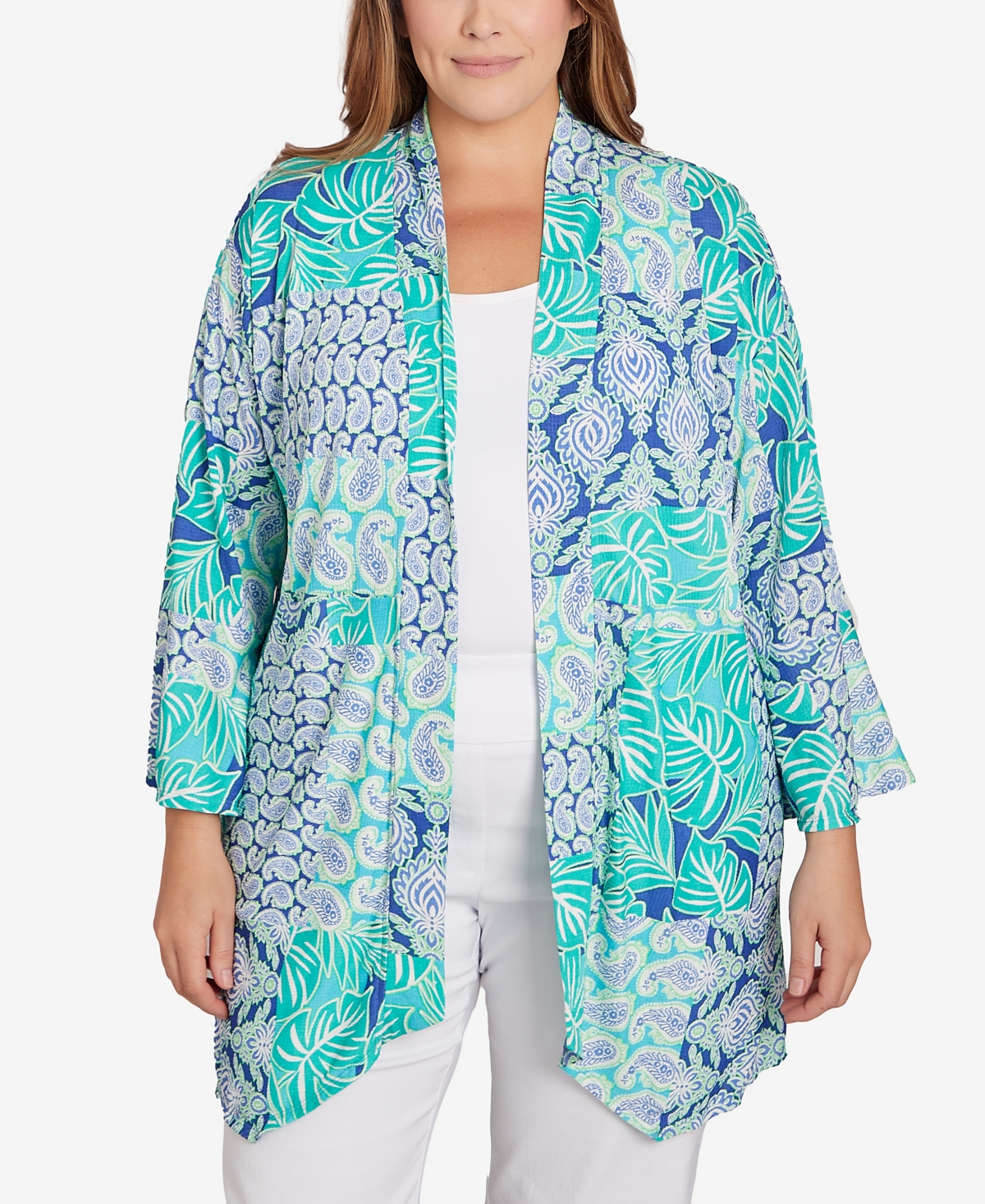 Plus Size Bali Patchwork Knit Cardigan Top - Blue Moon Multi