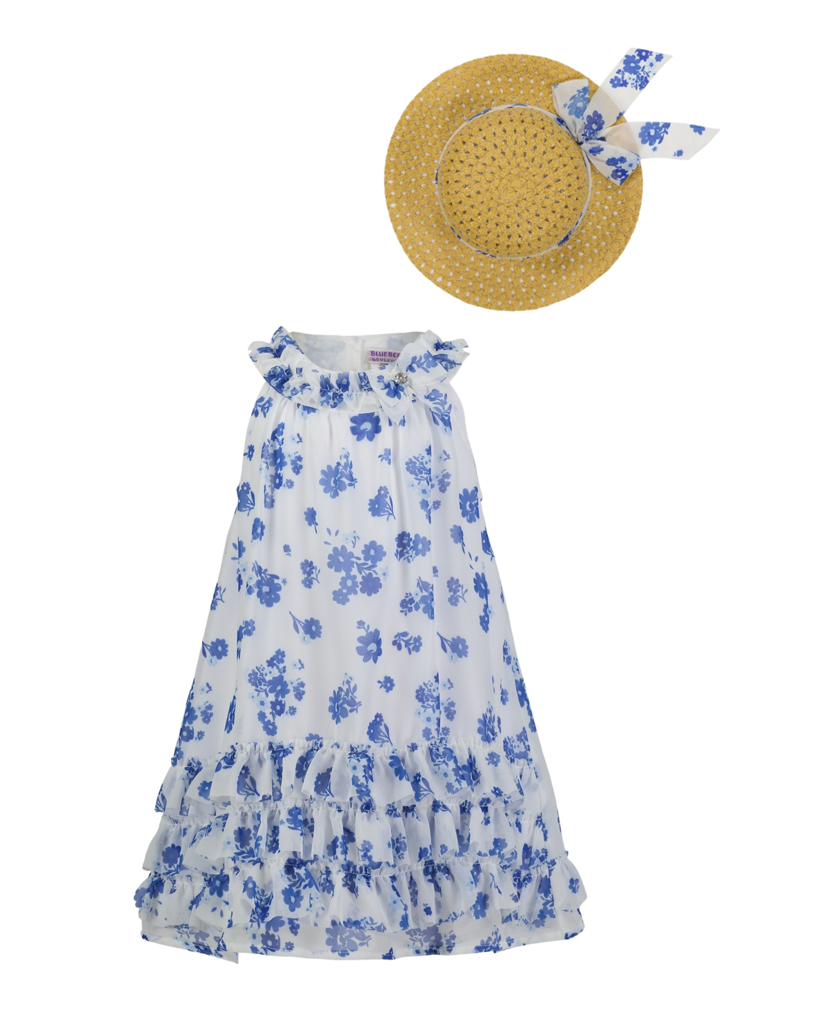 Blueberi Boulevard Baby Girls Ruffle-Trim WhiteSwing Dress Sun Hat - Blue