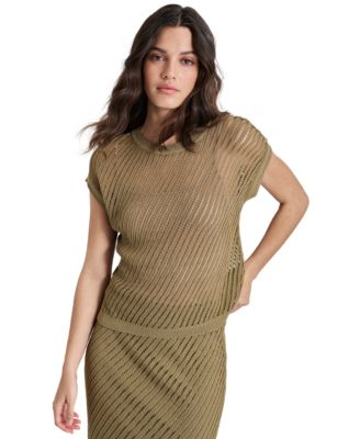 DKNY - Women's Open-Stitch Crewneck Short-Sleeve Sweater