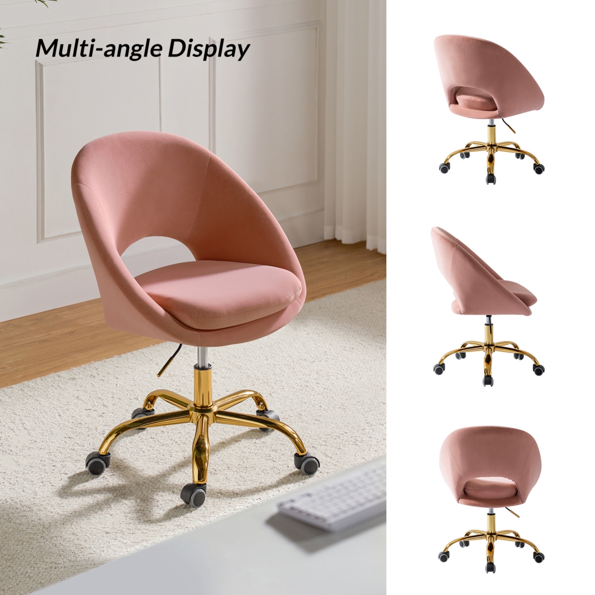 Hulala Home Modern Velvet Office Chair with Adjustable Swivel for Study Vanity