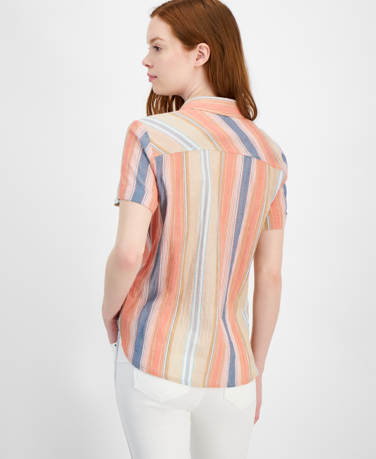 Shop Tommy Hilfiger Women's Cotton Striped Short-sleeve Shirt In Orange Com