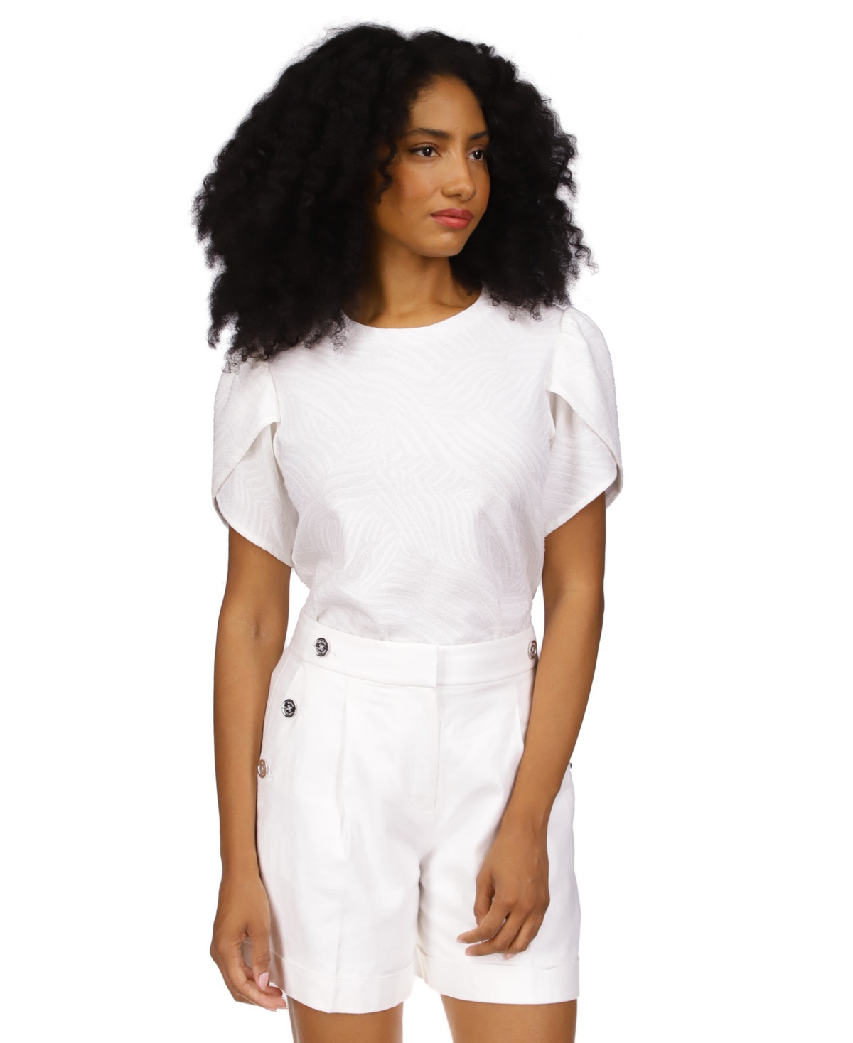 Michael Kors Michael  Women's Jacquard Zebra-print Petal-sleeve Top In White