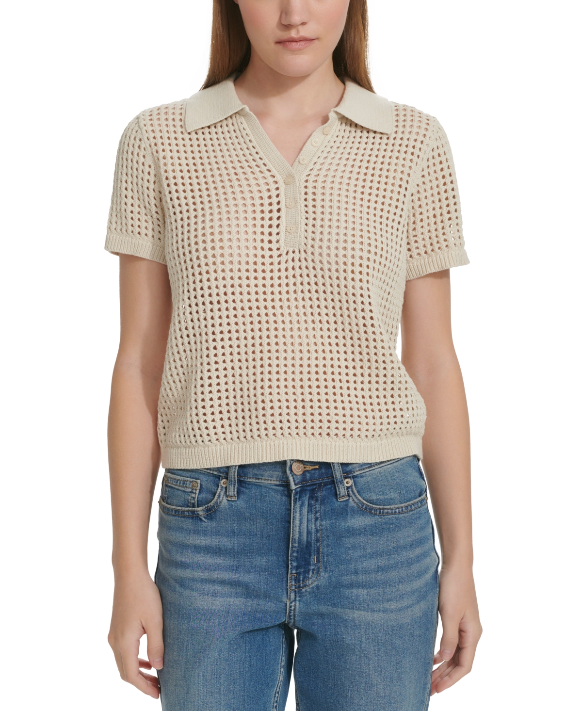 Shop Calvin Klein Jeans Est.1978 Women's Open-stitch Short-sleeve Polo Top In Birch