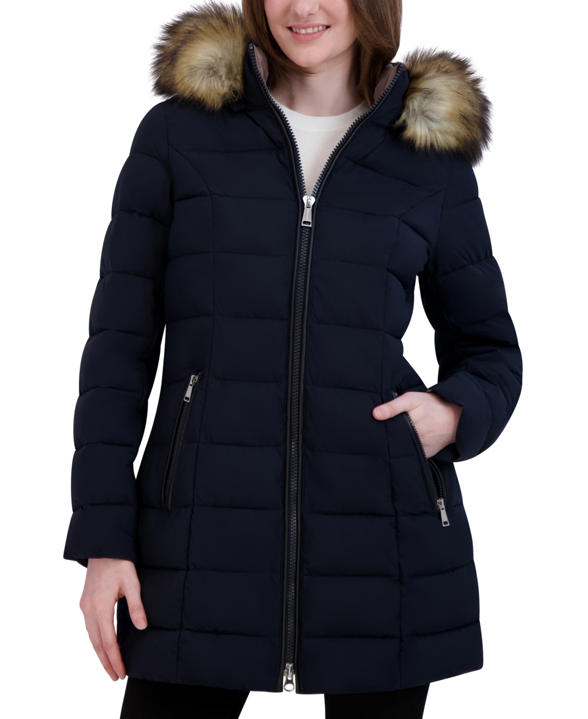 Women's Faux-Fur-Trim Hooded Puffer Coat - Noir