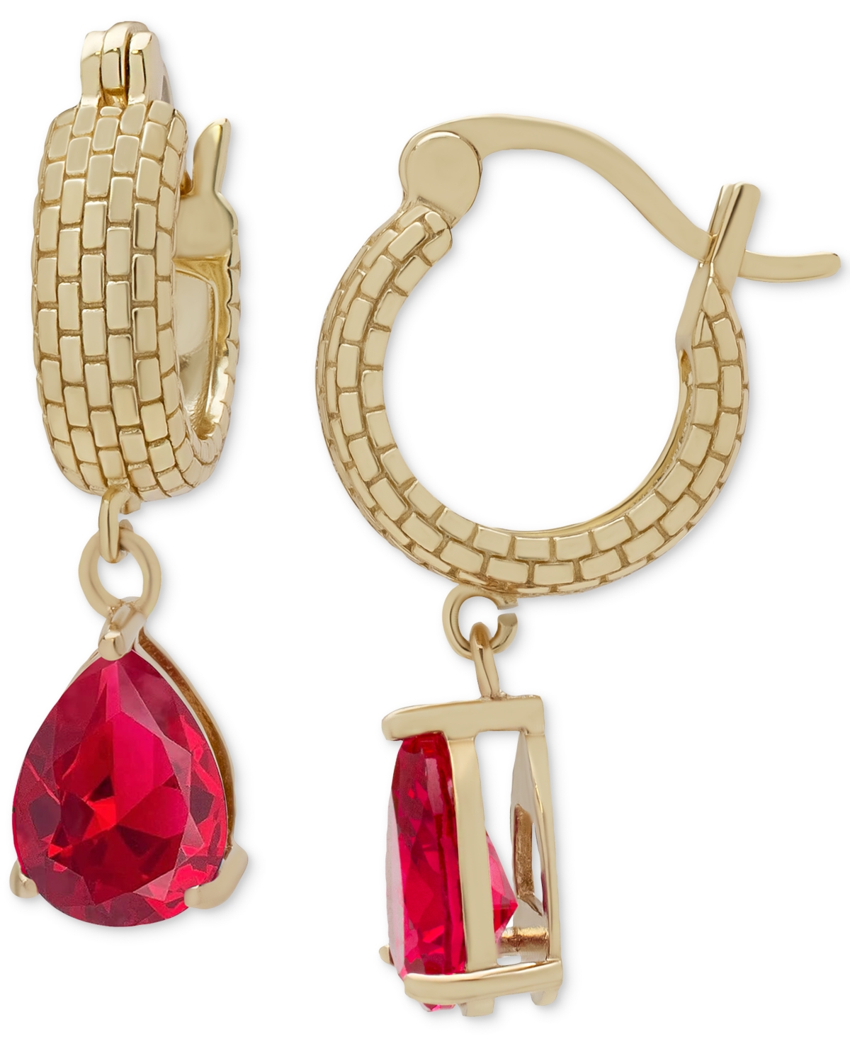 Macy's Lab Grown Ruby Pear Dangle Textured Hoop Earrings (2 Ct. T.w.) In 14k Gold-plated Sterling Silver In Ruby