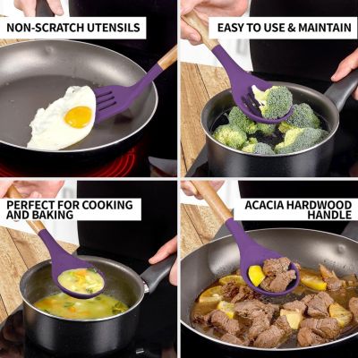 5 Piece Silicone Utensils Set with Authentic Acacia Wood Handles