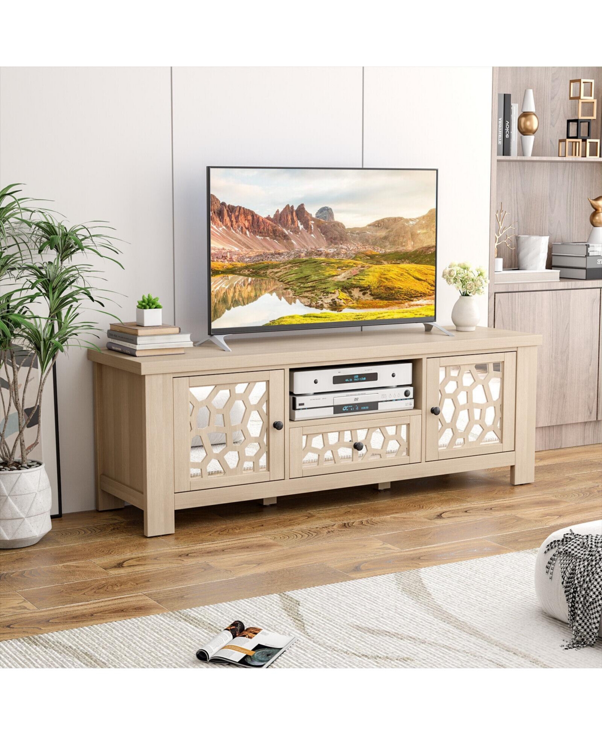 Slickblue Retro Tv Stand Media Entertainment Center with Mirror Doors and Drawer