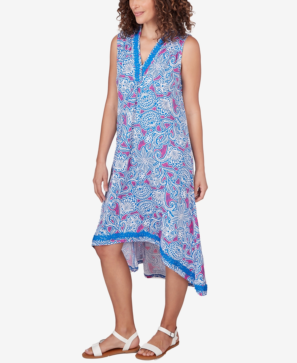 Shop Ruby Rd. Petite Vines Puff Print V Neck Hi/low Dress In Ultramarine