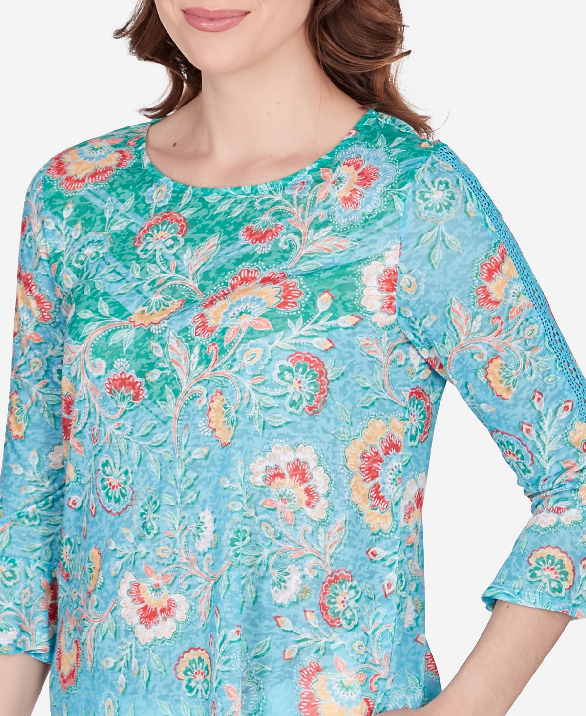 Shop Ruby Rd. Petite Triopical Chevron Lace Sleeve Top In Parrot Multi